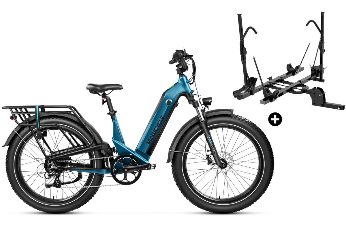 Bundle Sale - Magicycle Deer Step-thru E-Bike With A Hitch Bike Rack - Sierra Blue